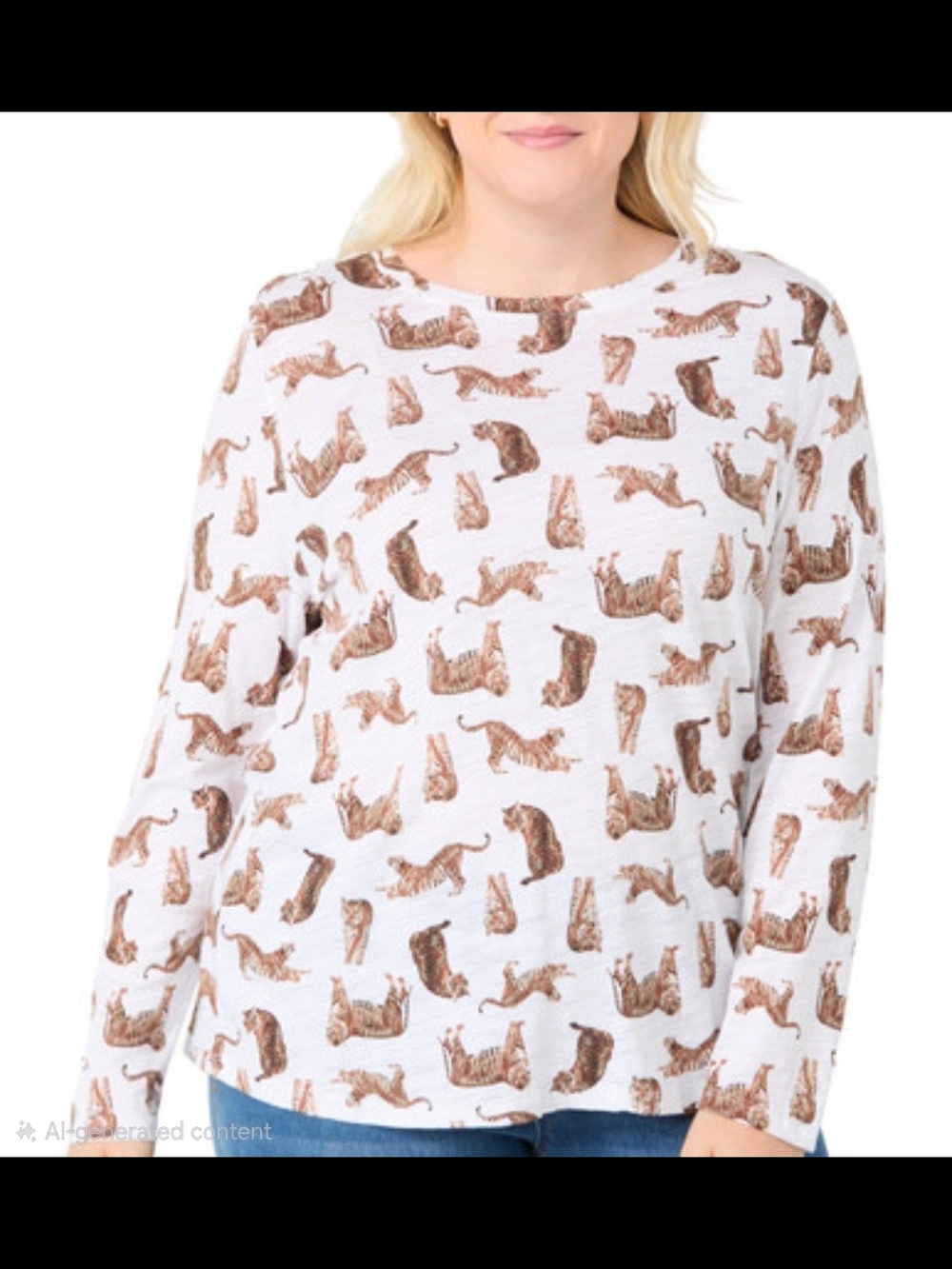 Plus-Size White Long-Sleeve Tee with Brown Cat Print